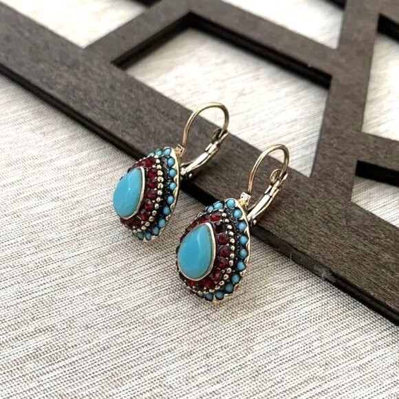 NEW Roman Revival Turquoise Blue Stone Tear Drop Earrings - Picture 3 of 4